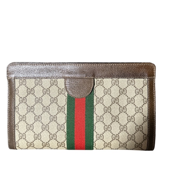Authentic Vintage Gucci GG Brown & Beige Sherry Line Green/Red Clutch Bag - Picture 3 of 11